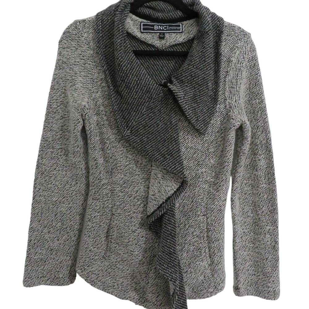 BNCI by Blanc Noir Womens Sz S Black White Gray Tweed Ruffle Zip Up Cardigan